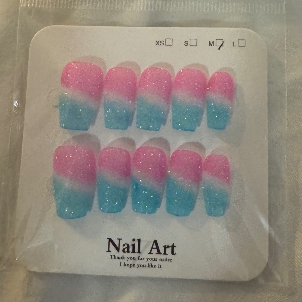 Pink Blue Ombre Glitter Medium Square‎ Press On Nails - 10pc Set